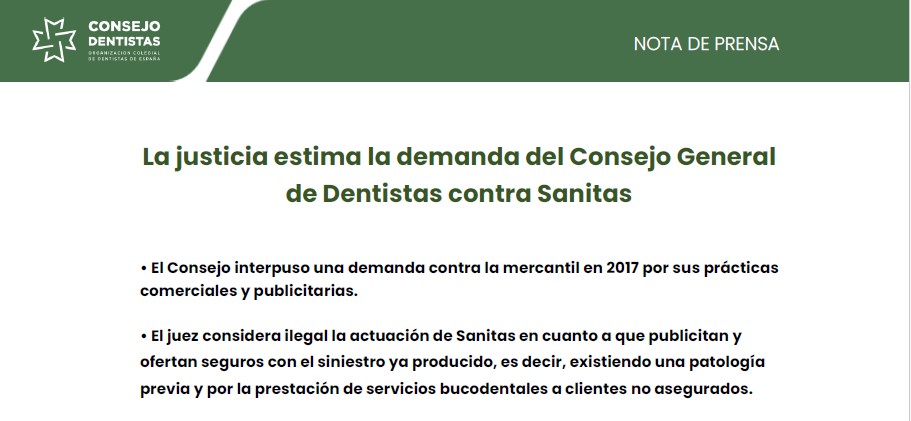 NP: LA JUSTICIA ESTIMA LA DEMANDA DEL CONSEJO GENERAL DE DENTISTAS CONTRA SANITAS