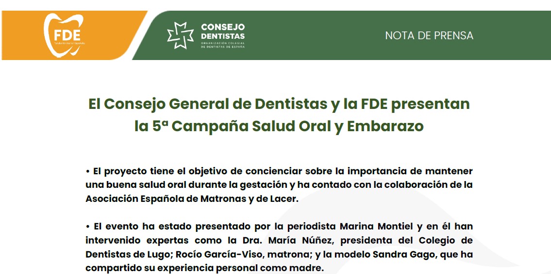 NP: EL CONSEJO GENERAL DE DENTISTAS Y LA FDE PRESENTAN LA 5ª CAMPAÑA SALUD ORAL Y EMBARAZO